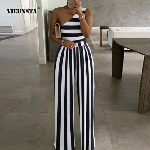 Casual Sexy One Shoulder Office Lady Jumpsuits Elegant Wide Leg Summer Fashion Romper 2021 Women Slim Striped Playsuits Overalls