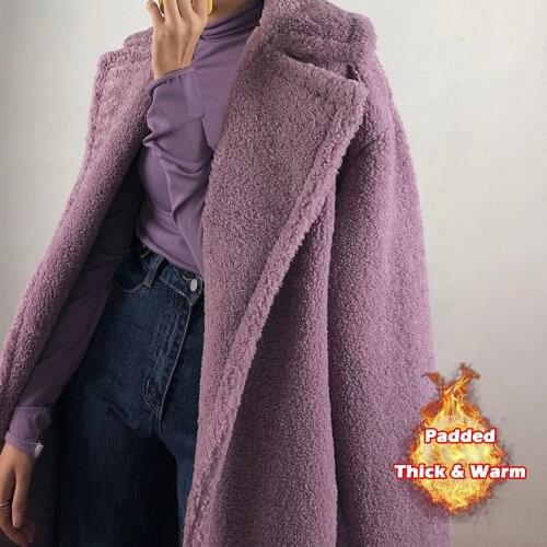 Women Winter Faux Fur Warm Long Purple Coat Long Sleeve Female Thick Teddy Bear Coat Casual Loose Oversize Outwears