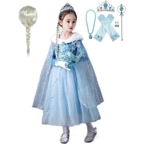 Winter Snow Queen 2 Girls Kids Elsa Anna Princess Blue Dress Up Birthday Christmas Halloween Costume Fancy Fairy Style