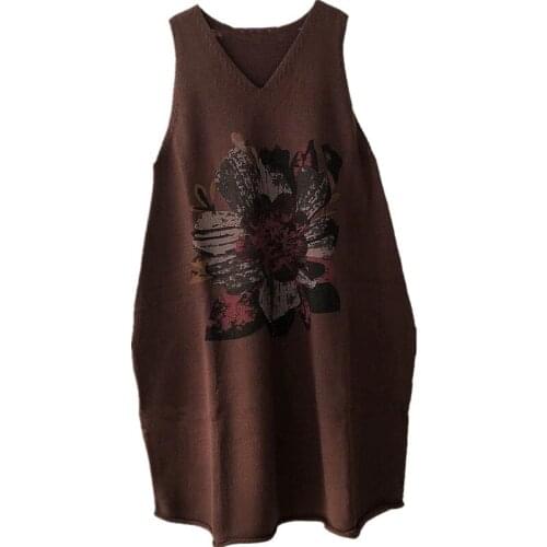 2021 Spring Autumn New V-Neck Large Size Loose Knit Vest Dress Print Sleeveless Retro Outer Wear Dress Women Knitwear y1128