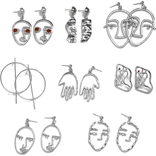8Pairs Face Statement Earrings Hollow Face Hand Shaped Drop Dangle Earrings Set Platinum Plated Punk Style Jewelry