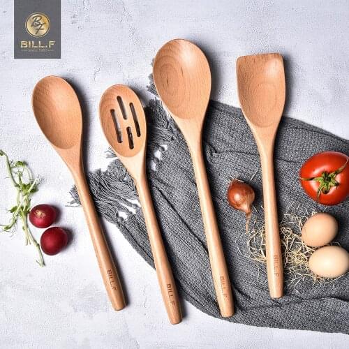 BILL.F beech wood tableware spoon ladle turner long rice colander soup skimmer cooking spoons scoop kitchen tool set