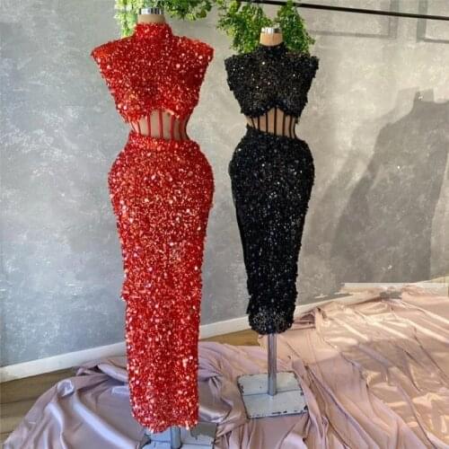 Glitter Red Back Sequins Short Prom Dresses 2021 High Neck See Thru Waist Black Girls Graduation Party Prom Gowns Plus Size