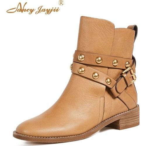 Janis Brown Ankle Boots Ladies Shoes Female Round Rivets 2021 Autumn Luxury Motorcycles Dress Party Low Block Heels Size 45 44 9