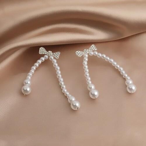 White Imitation Pearl Beaded Bow Stud Earrings Exquisite Silver Long Earrings Fashion Accessories Gifts Valentine For Girls