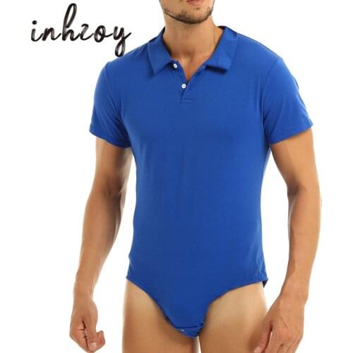 Men Leotard Bodysuit Nightgrown Short Sleeve Turn-Down Collar Press Botton Crotch Undershirts Romper Pajamas