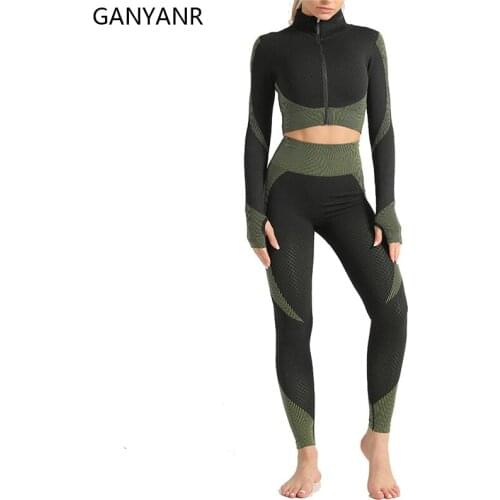 GANYANR Gym Clothing Yoga Set Workout Women Jogging Sport Suit Sportswear Tracksuit Leggings Seamless Sexy Bodysuit Long Sleeve