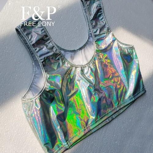 Holographic Rainbow Pole Dance Top Rave Tank Crop Top Vest Burning Man Festival Carnival Costume Gogo Wear Gym Fitness Clothing