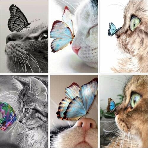Huacan 5D Diamond Painting Full Drill Square Cat Butterfly Diamond Mosaic Set For Embroidery Cross Animals Home Decoration
