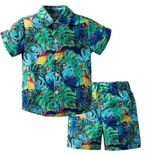Kimocat Boy Short-Sleeved Shorts Suit, Beach Style Short-Sleeved Printed Shirt + Casual Shorts, Summer Two-Piece Suit 1-6 Years