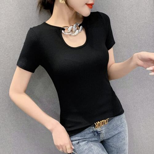 Summer European Clothes Cotton T-Shirt Girl Fashion Sexy Chain Hollow Out Women Tops Short Sleeve Tees All Match 2021 T14306A