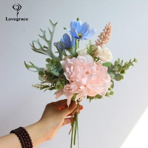 Lovegrace Mix Floral Silk Peony Artificial Flowers Rose Galsang Flower Silk Fake Bouquet for Home Wedding Decoration Faux Flore