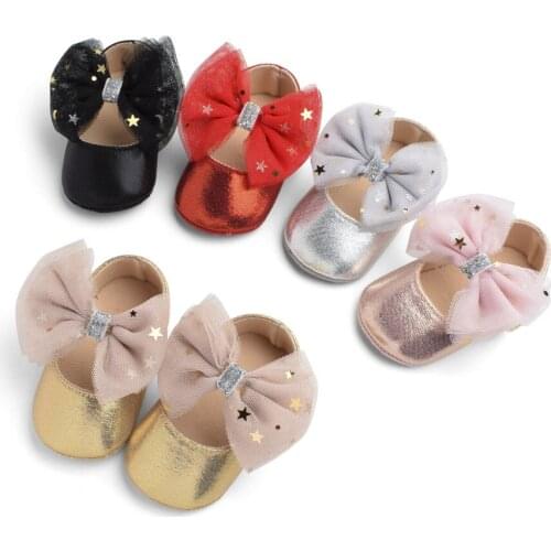Lovely Baby Girl Princess Dress Shoes Soft Sole Riband Bowknot Mary Jane Flats Non-Slip Infant Prewalkers with Star Sequins