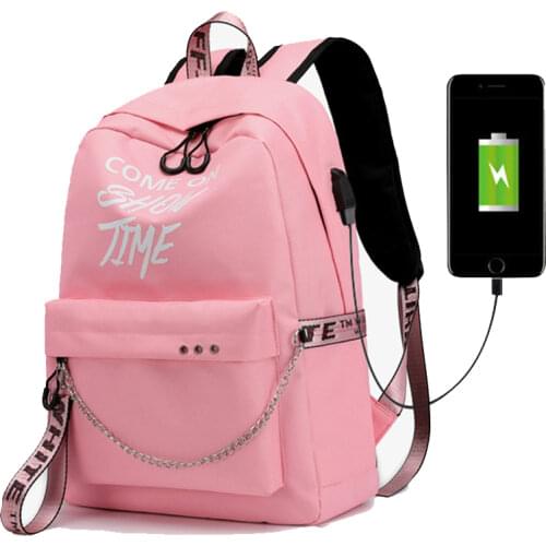 New USB Charging Luminous Chain Nylon female book bag backpack schoolbag school bag travel pack women for teenage teenagers girl