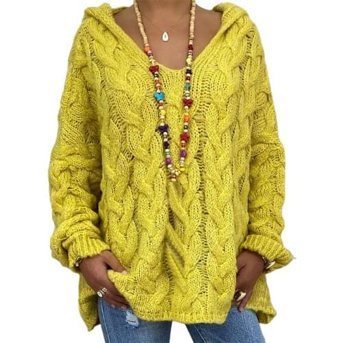 Sweater Women Autumn Solid Color Long Sleeve Braided Hooded Pullover Knitted Sweater Braided Hooded Pullover Knitted Sweater
