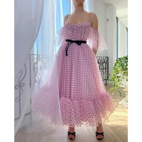 Off Shoulder Pink Prom Dresses New Dot Tulle Party Dress A Line Gown Black Belt Evening Dress Plus Size Sweetheart Straps Gown