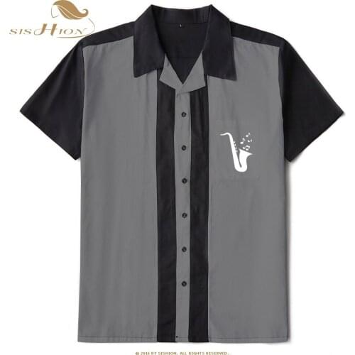 SISHION Mens 50s Male Clothing Cotton Men Shirts ST127 Short Sleeve Vintage Fifties Bowling Casual Button-Down Black Shirts