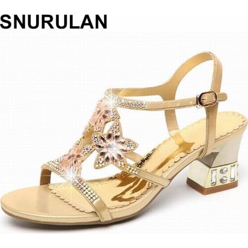 SNURULAN Summer Rhinestone Thick Heels Women Sandals Shoes Sexy Open Toe Shoes Woman High Heels Sandals Platform Big SizeE143