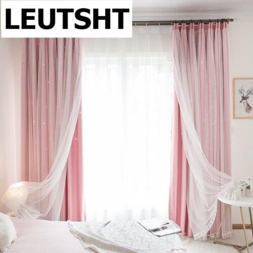Ins stars blackout curtains for living girls room bedroom romantic curtain drapes with white tulle for windows treatment