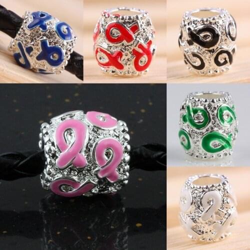 TUMBEELLUWA 1Lot (10Pc) Enamel Big Hole Silvery European Charm Ribbon Bead Fit Bracelet Bangle Awareness