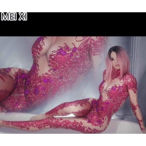 Unique luminous rose print rhinestone spandex jumpsuit party nightclub bar concert DJ singer/dancer costume