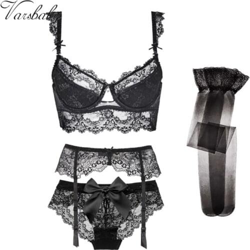 Varsbaby New Sexy Lace Bow Underwear Set Bra+Garters+ Panties+ Stockings