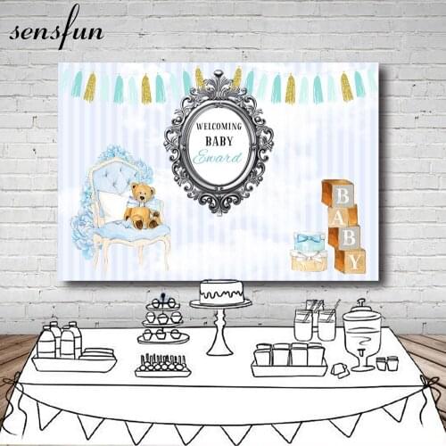 Sensfun Baby Shower Backdrop For Photo Studio Light Pink White Stripes Bear Chair Gift Birthday Party Backgrounds Vinyl