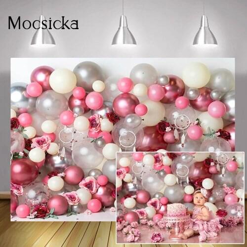 Balloons Wall Girl Birthday Cake Smash Backdrop for Photography Flowers Newborn Baby Kids Portrait Background Photo Studio Props