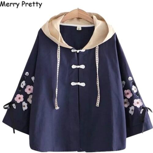 XUANHAO Womens Floral Embroidery Basic Jackets 2020 Winter Lace Up Sleeve Hooded Patchwork Cotton Coats Casual Outerwear