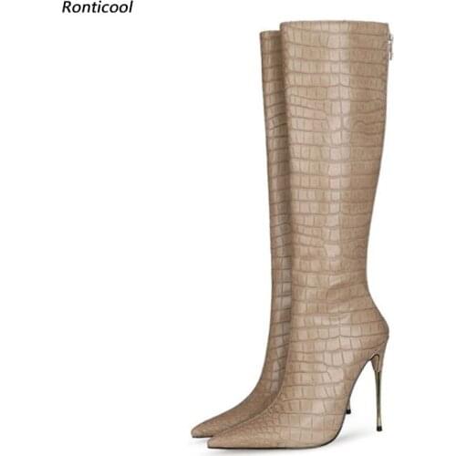 Ronticool Women Winter Knee Boots Stone Pattern Back Zipper Stiletto Metal Heel Pointed Toe Nice Khaki Coffee Shoes Size 35 45