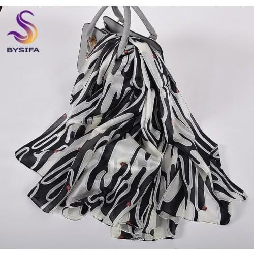 [BYSIFA] Black White Women Silk Scarf Shawl 2020 New Design 100% Pure Silk Long Scarves Wraps Autumn Winter Ladies Scarf Cape