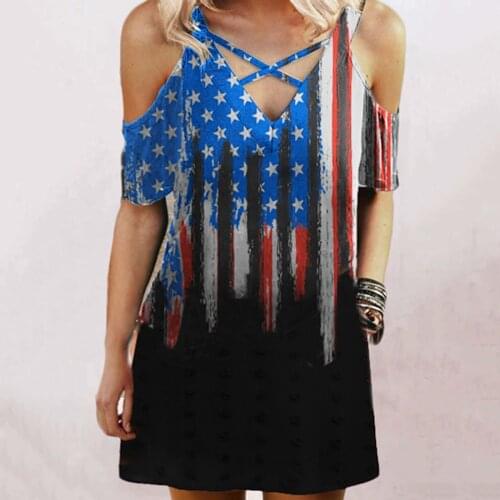 Summer Dress 2021 WomenS American Flag Printed Sexy Dew Shoulder Cross Strap V-Neck Casual Independence Day Mini Dress Vestidos