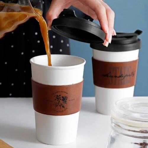 1Pcs 400mL Creative Ceramic Mug With Leather Cup Cover Letter Flower Pattern Milk Coffee Portable Cup Household Office Drinkware