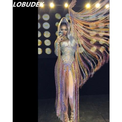 Sparkly Rhinestones Colorful Tassels Jumpsuit Long Fringes Sleeve Crystals Bodysuit Stretch Stage Wear Nightclub Dancer Costume