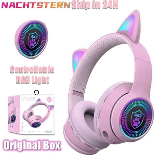 Cute Cat Ears Bluetooth Headsets with Microphone Can control RGB Kid Girl Stereo Music Helmet Kids fone Bluetooth Gift With Box