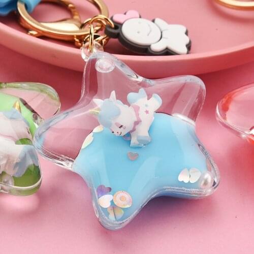 New Acrylic Star Unicorn Keychain Milk Quicksand Leather Strap Car Key Chain for Women Girl Bag Pendant Keyring Jewelry Gift