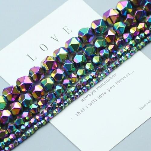 Faceted Round Multicolor Hematite Natural Stone beads 3 4 6 8 10mm Charms Spacer loose bead for Jewelry Making Bracelet 15'' DIY