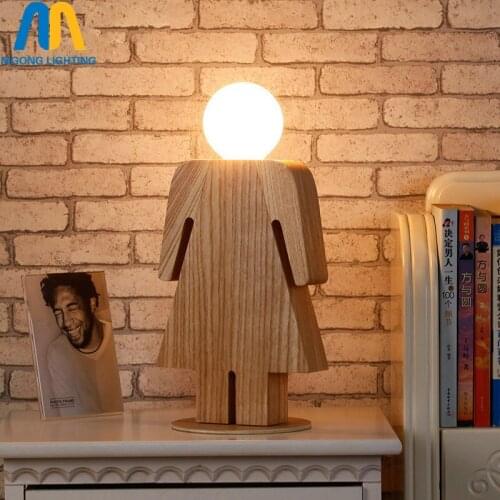 Wood boy girl table lamp E27 tafellamp lampe de chevet de chambre for living room bedroom desk lamp gift