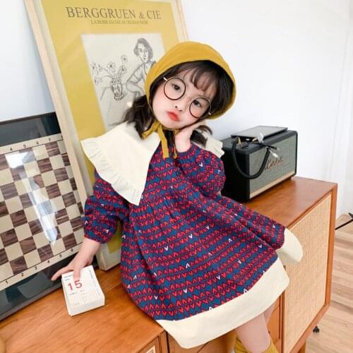 Childrens Dress 2020 Spring New Girl Korean Large Lapel Shirt Dress Girls Long-sleeved Love Dress Toddler Cute Princess Dresses