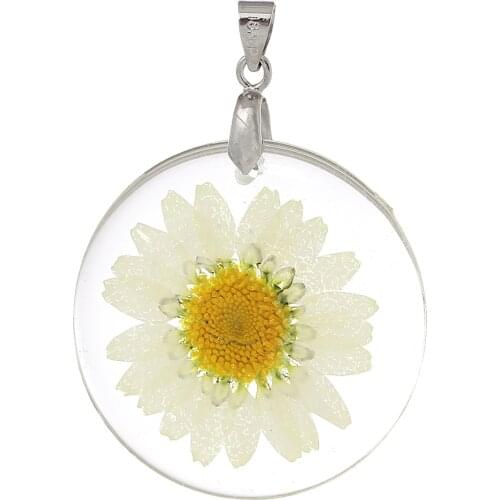 DoreenBeads Resin Charm Pendants Round Transparent Yellow Real Flower 44mm(1 6/8") x 32mm(1 2/8"), 3 PCs