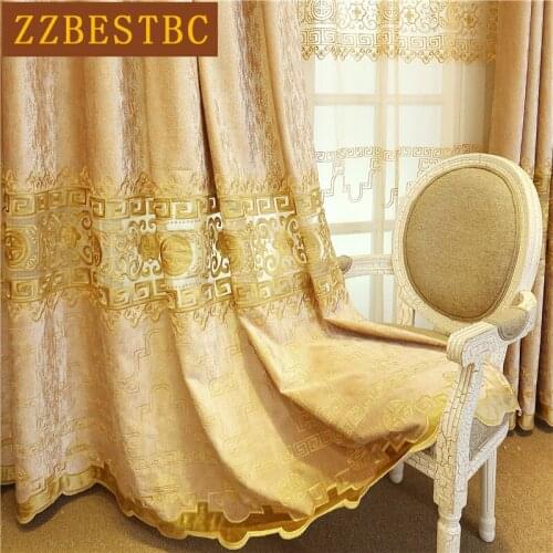 European high quality villa dark blue velvet embroidered flat curtains for living room with luxurious tulle for bedroom kitchen