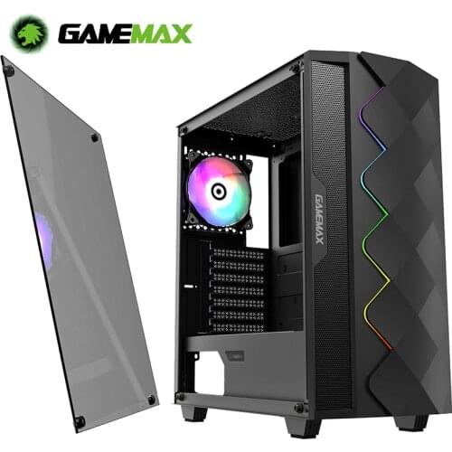 Gamemax Black Diamond Computer Gaming Case ATX Mid Tower Desktop Case ARGB Led Lighting Tempered Glass Window with 120mm RGB Fan