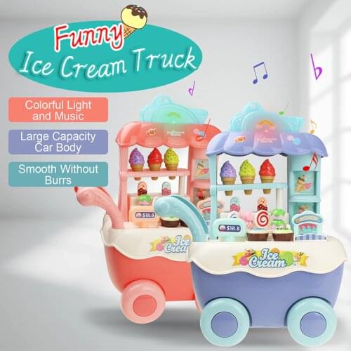 DIY Play House Toy Mini Ice Cream Shop Cart Candy Trolley with Music & Light Educational Role Play Toy Gift for Children Girls