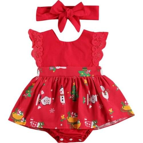 Christmas Two Piece Set Kids Sleeveless Romper Skirt Lace Shoulder Dress And Hair Band for 0-24M