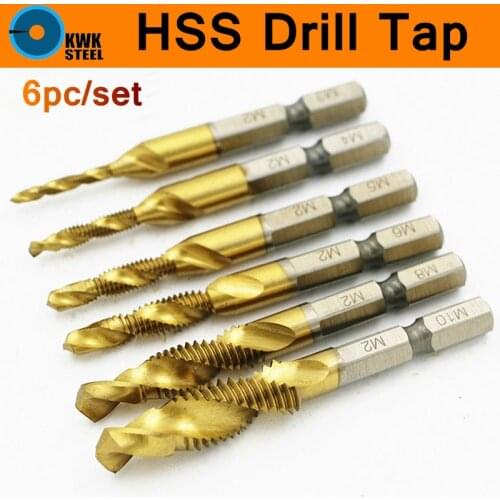 Screw Tap Combination Bit 6pc/set Hex Shank HSS Screw Bits Metric Plug Drill Bits M3 M4 M5 M6 M8 M10 Hand Tools HSS6542 HSS4341