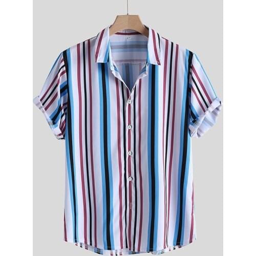 Summer Mens Hot Sale 2021 Europe America New Fashion Short Sleeve Lapel Shirt Casual Striped Loose Mens Shirt