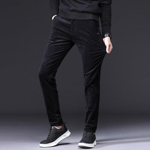 Mens Winter Pants Thick Cotton Fleece Warm Zipper Pocket Black Brown Pants Male Straight Trousers Stretch Casual Corduroy Pants