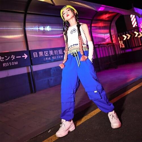 New Jazz Performance Cotumes For Kids White Vest Blue Loose Pant Hip Hop Dancing Clothes Street Dance Stage Rave Clothes DN8875