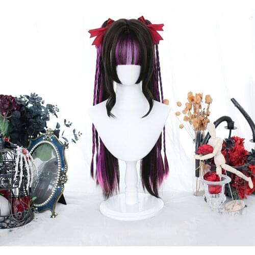 Mixed Pink Purple Lolita Wig Ponytails Harajuku Long Straight CosplayDark Brown Bangs Fairy Girls Evil Princess Synthetic Hair
