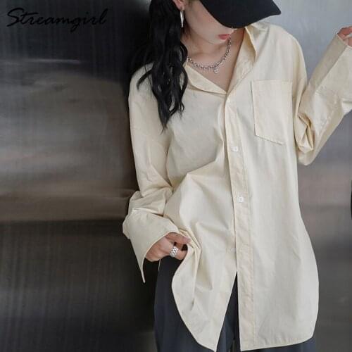 Streamgirl Loose White Shirt Oversize Women Long Sleee Office Shirts Blouse With Button Pocket OL Blue Shirt For Women Spring
